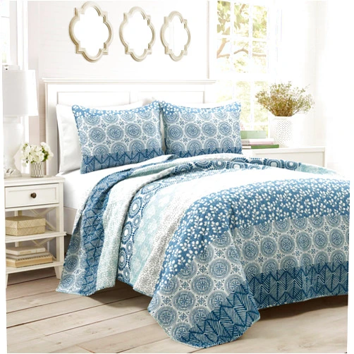 Lush Decor Bohemian Stripe Reversible Cotton Quilt Set, 3 Piece Set, Full/ Queen, Navy & Blue - Boho Bedding Set - Bold & Colorful - Striped Quilt - Maximalist & Boho Bedroom Decor