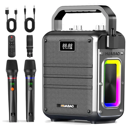 HUABAO Karaoke Machine, Bluetooth Speaker with 2 Wireless Microphones, Portable PA System with Lights & Treble/Bass Adjustment, 6600mAh High-Capacity Rechargeable Battery, for Party, Speech, Events