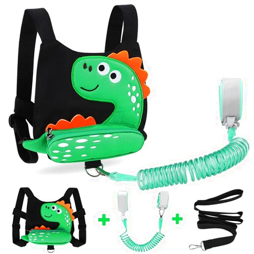 Accmor 3 in 1 Toddler Harness Leash + Baby Anti Lost Wrist Link, Accmor Cute Dinosaur Child Safety Harness Tether, Kids Walking Wristband Assistant Strap Belt for Parent Boys Outdoor Activity (Black)