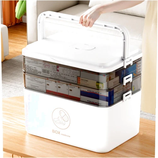 Triflice 3-Tier Medicine Storage Box, Empty Family Emergencies First Aid Kit Container, Portable Plastic Medicine Storage Organizer Holder Multipurpose Box with Handle for Home, Travel (White)