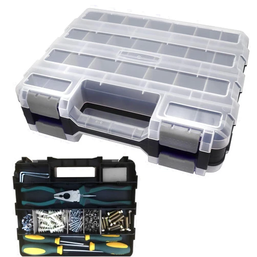 BUSY-CORNER Double Side Tool Box Organizer, Hardware Storage Box, Portable Small Parts Organizer with Removable Plastic Dividers for Screws, Nuts, Nails, Bolts, Grey