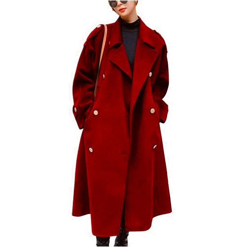 chouyatou Women's Winter Double Breasted Midi Long Wool Pea Coat Notch Lapel Winter Trench Coat