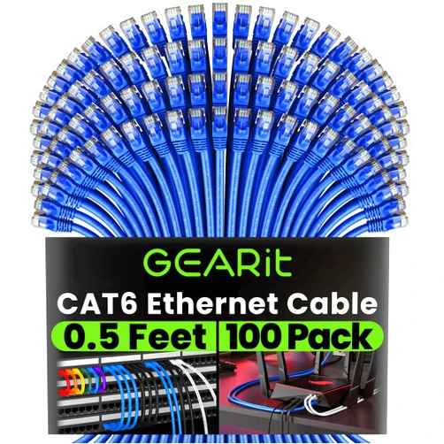GEARit Cat 6 Ethernet Cable (100-Pack 0.5 Feet) Cat6 Network Patch, 10Gbps, RJ45, Snagless Cord, Gold-Plated Connectors, Internet for PC, TV, Tablet, Router, Printer, Servers, IT Data Center - Blue