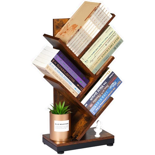ruboka 4-Shelf Tree Bookshelf, 24.1-Inch Retro Floor Standing Bookcase Display for CDs/Magazine/Books, Small Bookshelf for Bedroom, Living Room, Office,Balcony, Brown Storage Shelves DESK51A