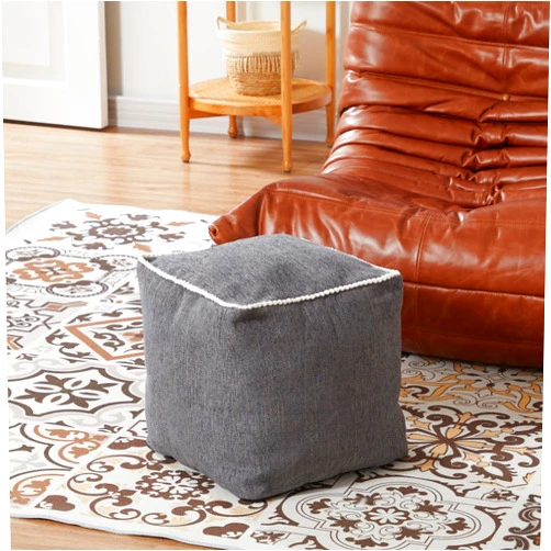 Louis Donné Unstuffed Pouf Ottoman Footstool Cover Gray Cottom Fabric for Storage, Decorative Washable Pouf Footstool with Trim Lace for Living Room House Warming Gifts(Only Cover)