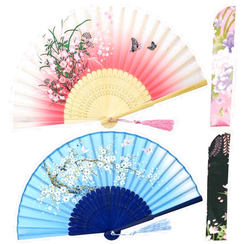 OMyTea Folding Hand Fans for Women - Chinese Japanese Vintage Bamboo Silk Fans - for Hot Flash, EDM, Music Festival, Party, Dance, Performance, Decoration, Gift (Blue Sakura & Pink Grassflower)