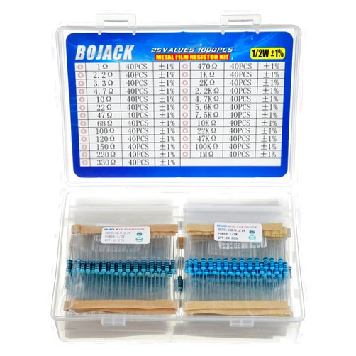 BOJACK 1000 Pcs 25 Values Resistor Kit 1 Ohm-1M Ohm with 1% 1/2W Metal Film Resistors Assortment
