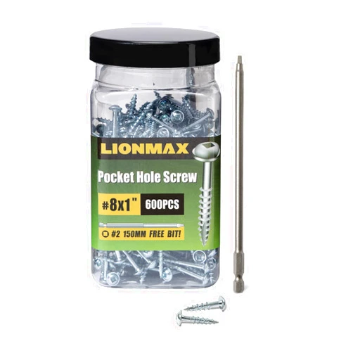 LIONMAX Pocket Screws #8 x 1 Inch, Wood Screws Coarse Thread 600PCS, Washer Head Square Drive Screws for Pocket Hole, Self Tapping, Zinc Plated, Rust-Resistant, 150MM Drive Bit Included