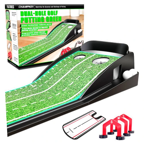 CHAMPKEY Dual-Hole Golf Putting Green Indoor with 3 Golf Putting Gates - Improves Putting Accuracy and Skill Levels Golf Putting Mat - Ideal for Indoor and Outdoor Training