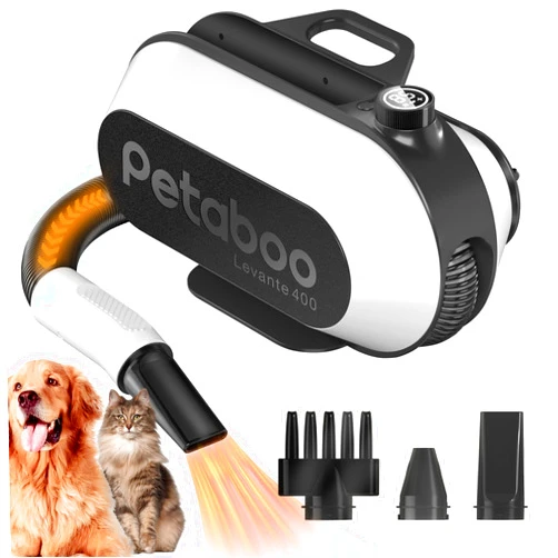 Petaboo Dog Dryer for Pet Grooming, High-Velocity Force Blow Dryer, Super Quiet Dog Hair Dryer with 3 Nozzles & Adjustable Speed & 3 Temperature for Dog & Cat