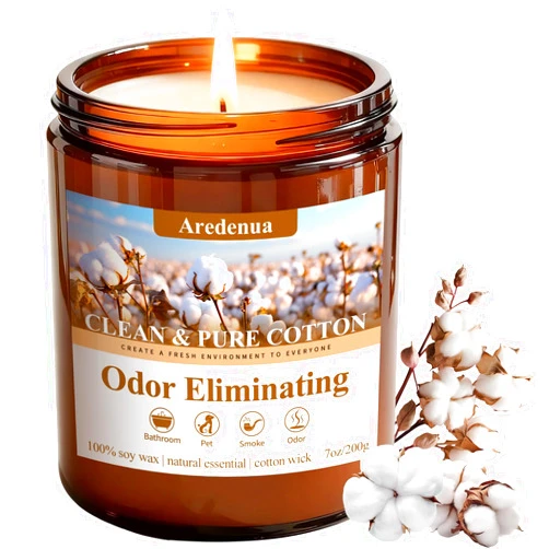Aredenua Clean & Pure Cotton Odor Eliminating Candles | Eliminates 95% of Pet, Smoke & Bathroom Odors – 7 oz Hand Poured Non-Toxic Soy Candle - Fresh Air Scented Candle Gentle for Pet - Gifts for Families