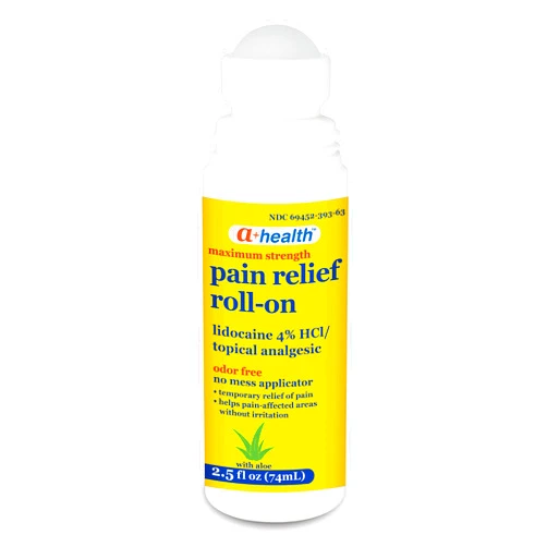 A+Health Pain Relief Roll-On Liquid, Lidocaine 4%, Odor Free, Maximum Strength Pain + Itch Relief with Aloe, Made in USA, 2.5 fl Ounces