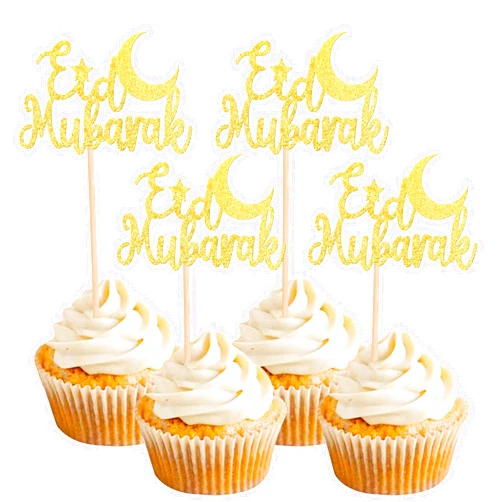 ZHUOWEISM 24 PCS Eid Mubarak Cupcake Toppers Gold Glitter Moon Star Ramadan Kareem Cupcake Picks Decorations for Eid Islamic Muslim Theme Party Supplies
