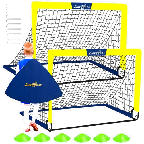 LIBERRWAY Soccer Goal 4'x 3' Portable Kids Soccer Goals for Backyard or Indoor Pop Up Soccer Net with 6 Training Cones, Carrying Bag, 8 Ground Stakes, 2 Set
