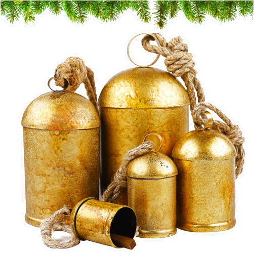 Fovths Set of 5 Christmas Bells Giant Vintage Cow Bells Christmas Metal Rustic Hanging Bells On Jute Rope Handmade Harmony Wind Chimes Wall Hanging Decor Gift for Xmas Decoration