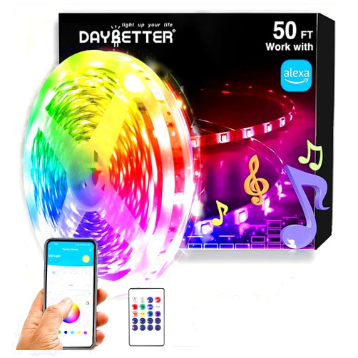 DAYBETTER RGB Led Light Strips Kit Compatible with Alexa and Google Assistant, Smart WiFi Led Strip Lights for Bedroom, Room, Decor, Kitchen, Home Party Decoration (50FT)