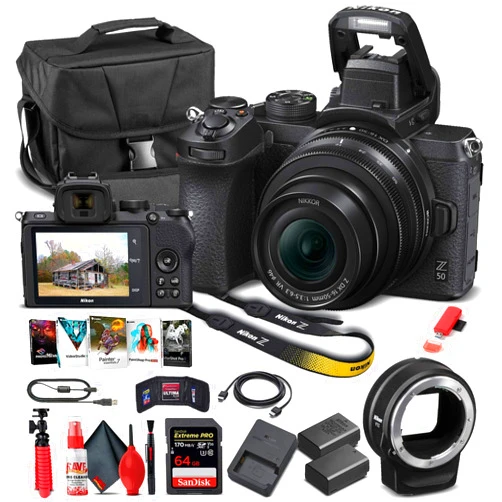 Nikon Z 50 Mirrorless Digital Camera with 16-50mm Lens (1633) + FTZ Mount Adapter + EN-EL25 Battery + 64GB Memory Card + Case + Corel Photo Software + HDMI Cable + More (International Model) (Renewed)