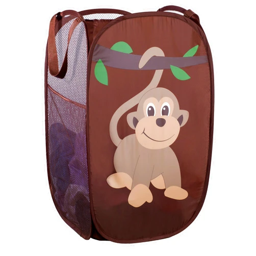 Handy Laundry Collapsible Mesh Pop Up Hamper with Wide Opening and Side Pocket - Breathable, Sturdy, Foldable, and Space-Saving Design for Clothes and Storage (Monkey)