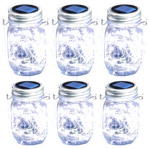 Nintiue Mason Jar Solar Lights, 6 Pack 30 LEDs Fairy Lights with Jars and Hangers, IPX6 Waterproof Hanging Solar Lights Outdoor, Decorative Solar Lanterns for Garden Fence Patio Wedding