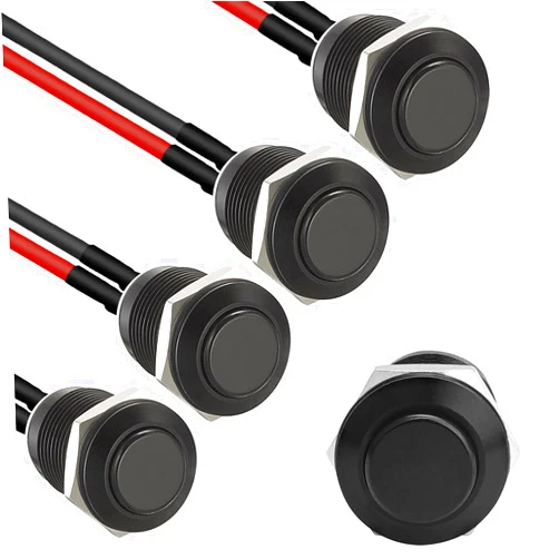 STARELO 5pcs 12mm Momentary Push Button Switch Black Shell with pre-Wiring, IP65 Waterproof Push Button Switch,Aluminum Alloy 1 Normally Open Without LED.