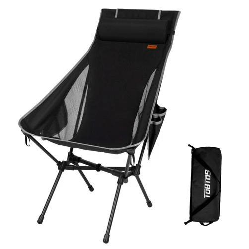 TOBTOS Portable High Back Camping Chair, Support Heavy Duty 440 lbs, Compact Folding Chair with Detachable Pillow for Camp, Hiking, Backpacking (Black)