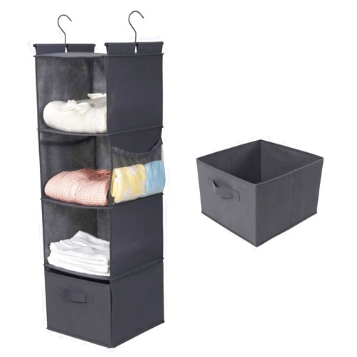 MAX Houser 4-Shelf Hanging Closet Organizer, Space Saver, Cloth Hanging Shelves with 2 Side Pockets, Foldable (Grey)