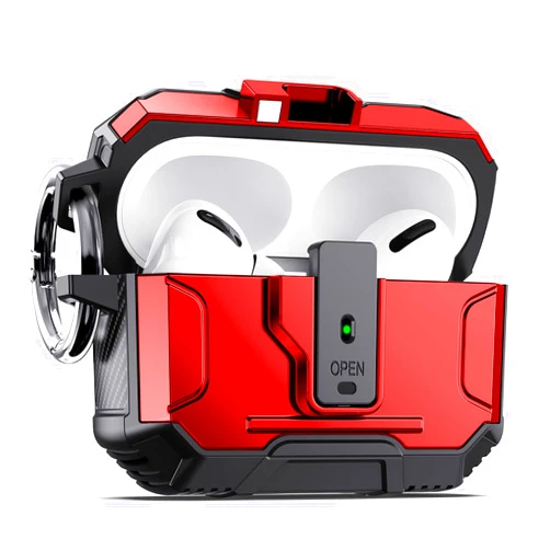 DASFOND Armor Earphone Cover Case for Airpods Pro 2, Military Grade Full Body Shockproof Protection Hard Case, Support Wireless Charging with Keychain, Magnetic Lid, Front LED Visible, Red