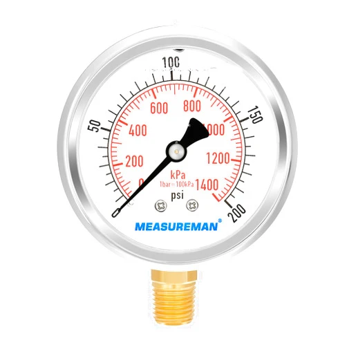 MEASUREMAN 2-1/2inch Dial Size, Liquid Filled Pressure Gauge, 0-200psi/kpa, 304 Stainless Steel Case, 1/4 inchNPT Lower Mount