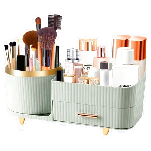 BanYakong 360° Rotating Makeup Organizer for Vanity with Drawers, Large Capacity Cosmetic Display Cases for Cosmetics, Skincare,Perfume, Bathroom Vanity Desktop Organizer (green)