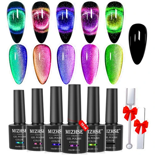 MIZHSE 9D Cat Eye Gel Nail Polish, Magnetic Cat Eye Gel Polish Set, 10ml*6 with 2 Magnets, Classic Colors Chameleon Magic Galaxy Effect Soak off Nail Art, Sparkle Stunning Gel Polish Gift for Women