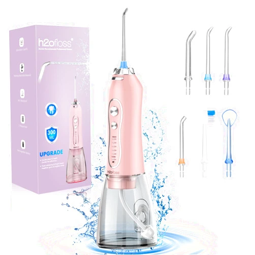 H2ofloss Water Dental Flosser Teeth Cleaner Pick, H2ofloss Cordless Portable Oral Irrigator,5 Mode IPX7 Waterproof Teeth Picks 300ML Rechargeable WaterFlosser for Home Travel (Pink)