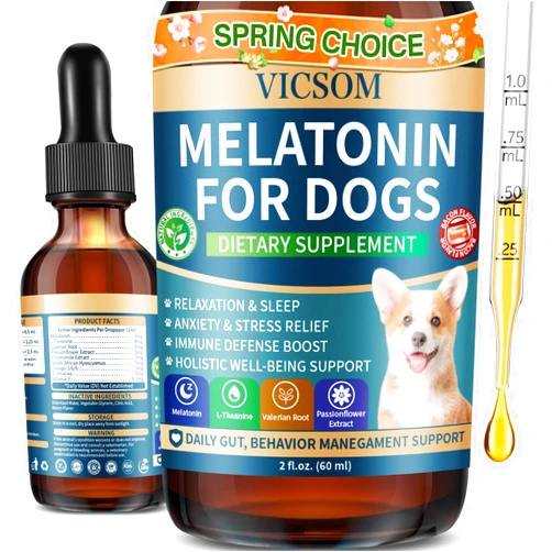 VICSOM Liquid Melatonin for Dogs, Dog Melatonin with L-Theanine for Small Medium Large Dog Sleep Aid, Stress & Anxiety Relief, Calm Aid for Dogs Puppies, Support Relaxation & Deep Sleep, 60ml
