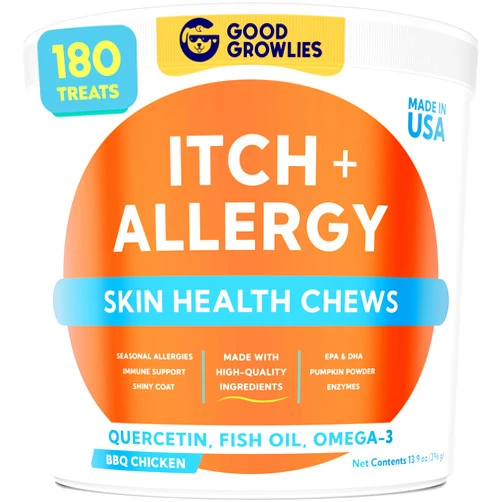 GOODGROWLIES Dog Allergy Relief Chews — Anti-Itch Skin & Coat Supplement: No Fillers, Just Flavor - Itchy Skin Relief Treatment w/Omega 3 Fish Oil - Itching&Paw Licking - Dry Skin&Hot Spots - BBQ Chicken