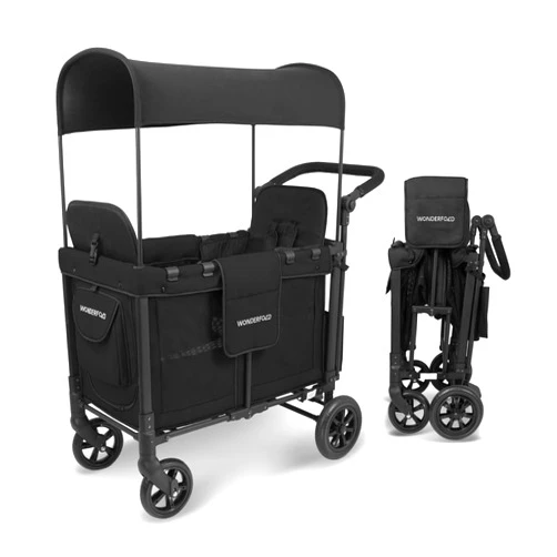 WONDERFOLD W2 Original + Stroller Wagon (2 Seater) - Collapsible Wagon Stroller with Seats with 5-Point Harnesses, Easy-Access Door, and Adjustable Sun Canopy, Black