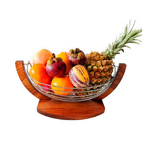Berkvee Modern acacia wood and Stainless Steel Fruit Basket – Elegant Tabletop Display and Storage for Fresh Produce – Eco-Friendly Kitchen Organizer
