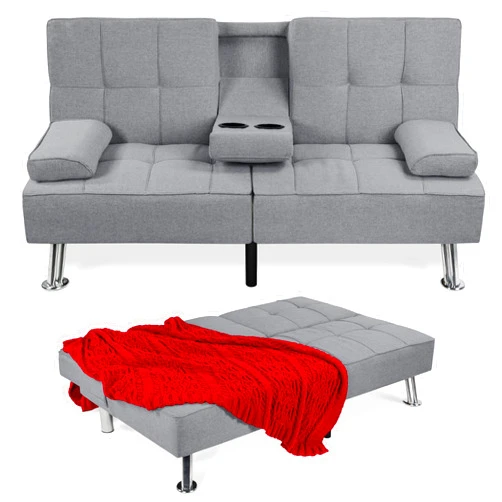 Best Choice Products Linen Modern Folding Futon, Reclining Sofa Bed for Apartment, Dorm w/Removable Armrests, 2 Cupholders - Gray