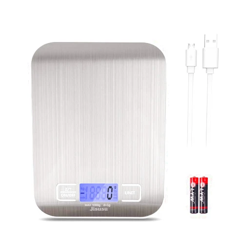 JISUSU Digital Kitchen Scale Food Scale,USB kitchen Scale,Food Scale 0.04oz/1g Increment,11 lb/5 kg,Backlit LCD Display Function(Batteries Included AAAX2) Silver