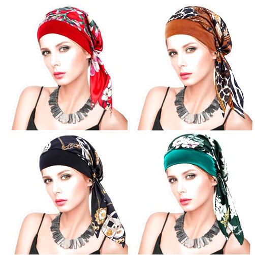 BuleVina 4 Pieces Chemo Headwear for Women, Chemo Hat Turban Beanie Skull Cover Cap, Pre-Tied Headwraps Bandana for Hair Loss, Best Head Scarf Coverings for Cancer Patient (Color Mix 4) Small-Large
