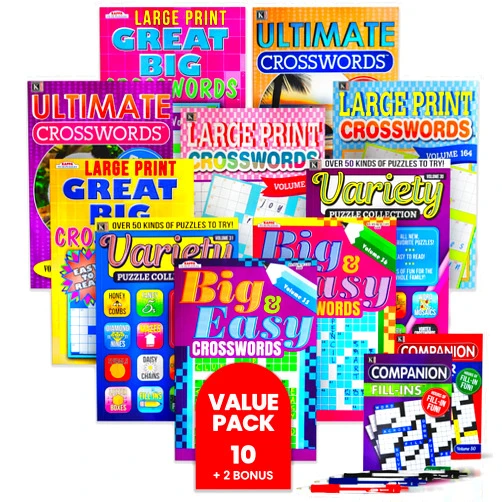 Variety savings 10-Pack Large Print Crossword Puzzles for Seniors Plus 2 Fill-In Puzzle Books and 4 Pens - Big, Bold, Easy-to-Read, Perfect Brain Stimulation Elderly Games for Retirement, Hospital Activities (8 x 10)