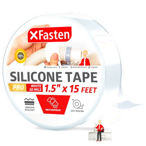 XFasten Self-fusing Silicone Tape Pro, White, 1.5-Inch x 15-Feet, 30mils Extreme Plumbing Tape for Leaks, Radiator Hose, Drain Pipes, Electrical Tape | Plumber’s Heat and Leak Radiator Hose Tape