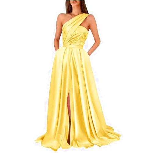 Husplu Satin One Shoulder Prom Dresses for Women 2024 Lace Appliques Formal Evening Dresses with Pockets