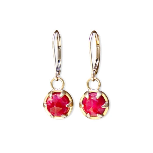 Mark Poulin Ruby Earrings - Prong Set Gold Dipped Gemstone Dangle Earrings - Ruby Lever Backs for Women and Girls