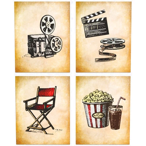 MOOXO Vintage Movie Theater Wall Art, Home Theatre Feature Canvas Decor, Classic Film Reel Cinema Popcorn Posters, Retro Home Movie Theater Media Room Bar Pub House Decoration, Set of 4-(8