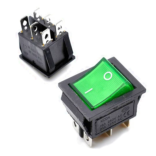 Oiyagai 10pcs KCD4 Green Light 6 Pin AC 250V 10A 125V 16A 2 Position DPDT Boat Rocker Switch for Car, Motorcycle