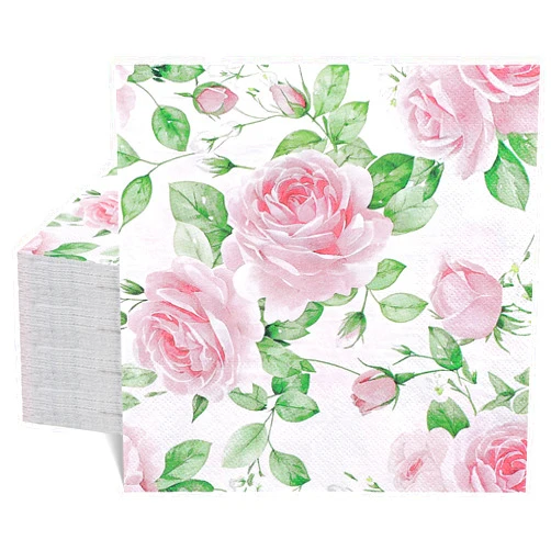 NatNarr 50 Pcs Pink Floral Napkins, 6.5 x 6.5 Inch Watercolor Pink Rose Napkins Vintage Flower Tea Party Napkins for Spring, Garden Party, Decoupage