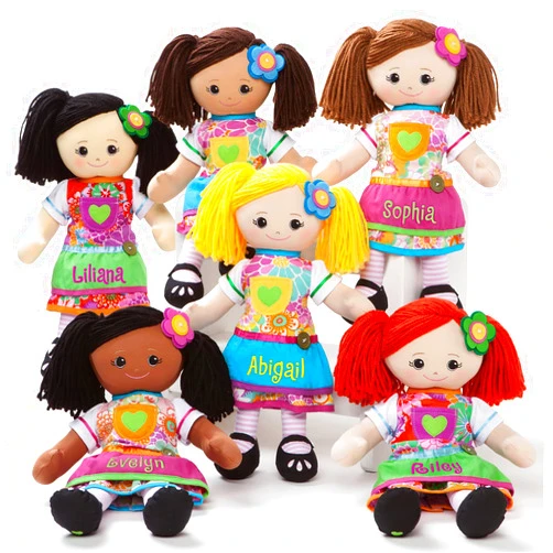 Personalized Planet Rag Doll with Custom Name Embroidered | Blonde Girl Dressed in Floral Skirt with Stripped Stockings and Blue Apron | Yellow Hair with Removable Blue Flower Hair Clip