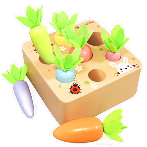 KMTJT Montessori Toys for 1 2 3 Year Old Toddlers, Macron Carrot Harvest Game Wooden Toys for Baby Boys and Girls, Educational Learning Shape Sorting Matching Gifts for Babies 1-3