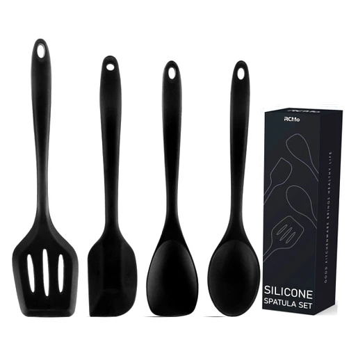 RCMo Silicone Spatula Set - Heat Resistant & Food Grade - 4 Piece Nonstick Rubber Spatulas for Baking and Cooking, Dishwasher Safe Kitchen Utensils (Black)
