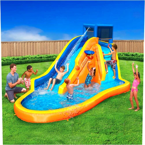 BANZAI Inflatable Water Slide Park - Huge Kids Pool (14' Long by 8' High) with Built in Sprinkler Wave and Hoop - Heavy Duty Outdoor Aqua Blast Lagoon - Blower Included - Inflates in Minutes