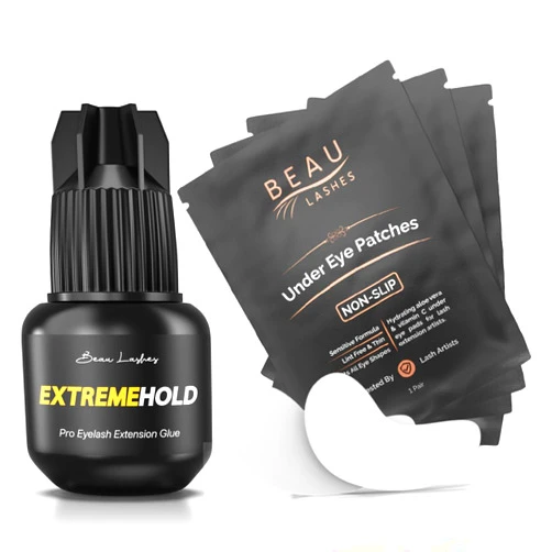 BEAU LASHES Extreme Hold Eyelash Extension Glue + 100 Pairs Under Eye Pads | Black Lash Adhesive for Long Lasting Semi Permanent Individual Lash Extensions | Lint Free Hydrogel Eye Patches | Vitamin C & Aloe Vera